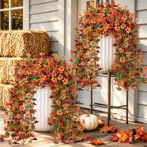 4PCS 688 Blooms Artificial Fall Flowers (4*green Red Orange 720-blooms Six-petaled Hanging Flowers)