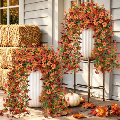 4PCS 688 Blooms Artificial Fall Flowers (4*green Red Orange 720-blooms Six-petaled Hanging Flowers)