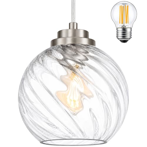 6" Black Globe Pendant Light Ribbed Glass Pendant Lights Kitchen Island Height Adjustable Mid