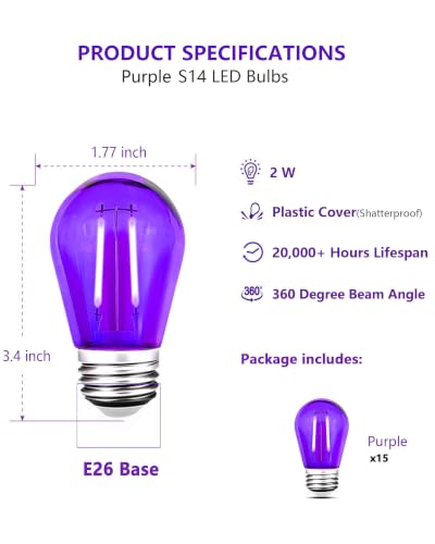 15 Pack S14 LED Purple Light Bulbs (Purple)
