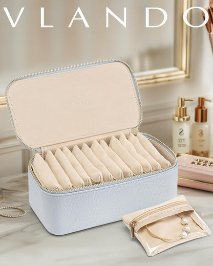 Jewelry Storage Case with 12 Clear Velvet Zipper Pouches (D.12 PCS Baby Blue)