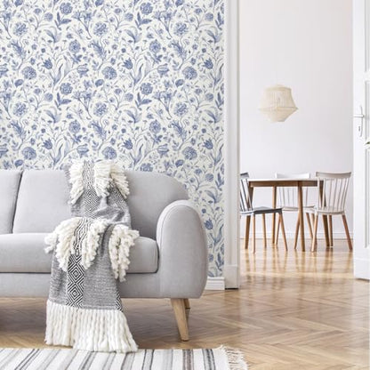 White and Blue Floral Peel and Stick Wallpaper Vintage 17in x 197in (Blue / 16.9" x 196.8")