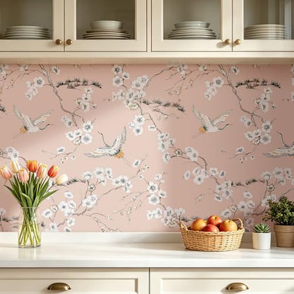 Pink Crane Wallpaper Peel and Stick Japanese Cherry Blossom Wallpaper Vintage Asian Bird Flying Crane Contact Paper Self Adhesive