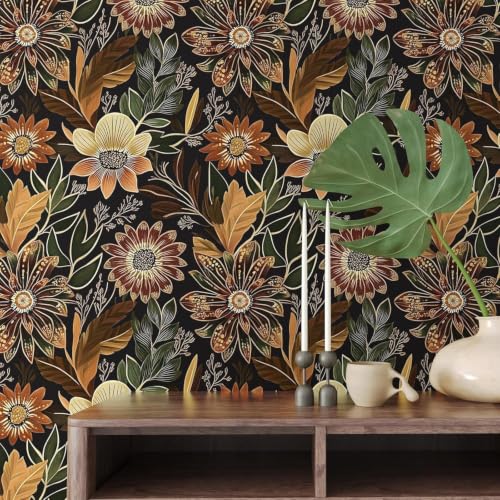 Boho Black Gold Floral Vintage Peel and Stick Wallpaper 17.4"x118" (Black/Brown / 17.4" x 118")
