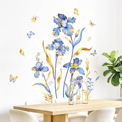 Large Purple Gold Flower Wall Decals Iris Floral Butterfly Plants Leaves Wall Stickers Peel and Stick Art Decor for Bedroom Living Room Sofa TV Background Home Furniture