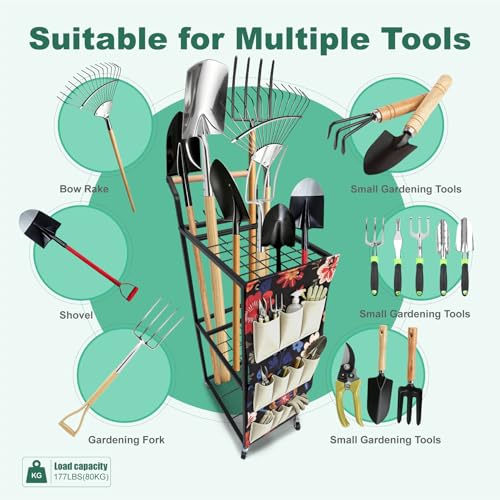 Garden Tool Organizer with Wheels 3 Tier Yard Tool Organizer Rack with Side Storage Pockets Sturdy Metal Steel Holder with 6 Hooks for Garage