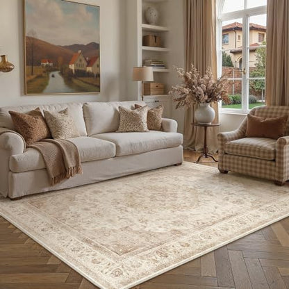 6x9 Beige Washable Area Rug Non Slip Vintage Carpet (Vintage | Beige / 6' x 9' (Rectangular))