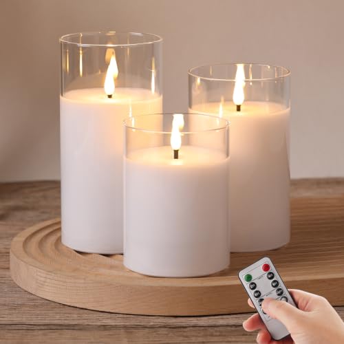 Moving Flame Glass Flameless Pillar Candles with Remote Set of 3