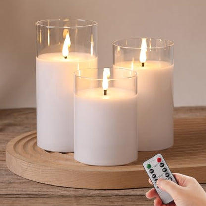 Moving Flame Glass Flameless Pillar Candles with Remote Set of 3