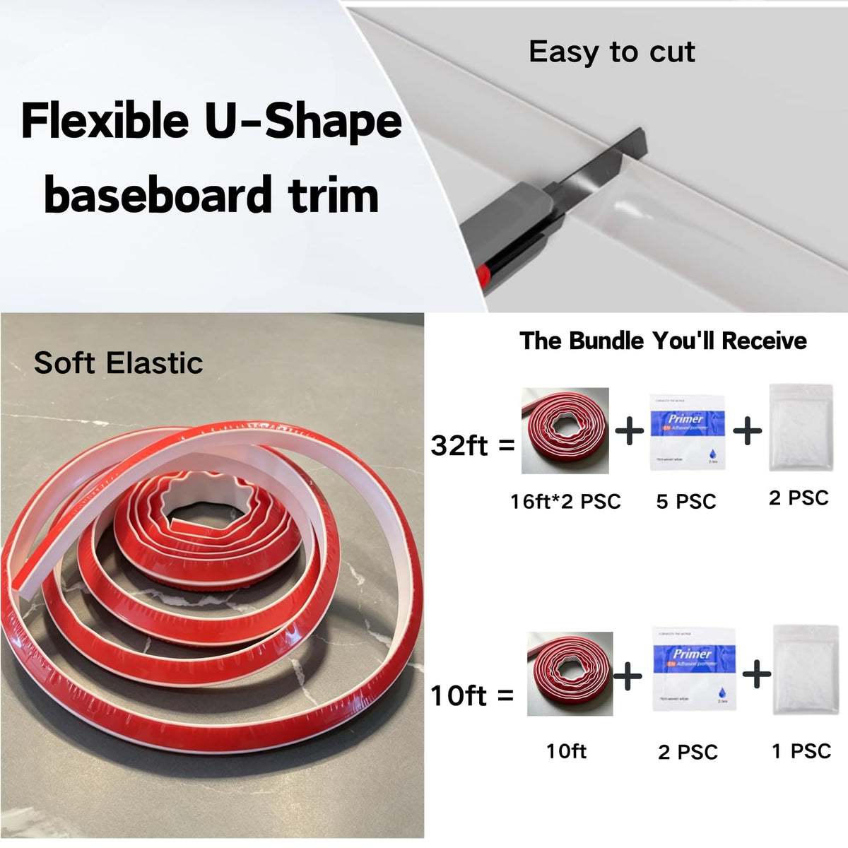 32ft Flexible Quarter Round Molding Peel and Stick Silicone Caulk Strip (White / 32ft(0.59*0.59inch))