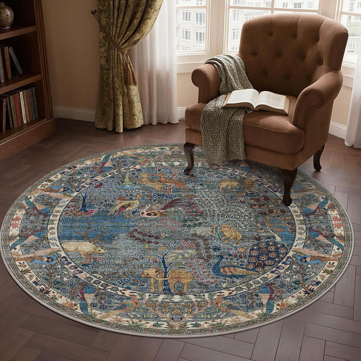 4ft Round Rug Circular Animal Print Area Rug Low Pile Indoor Rug (Dusty Blue/Multi / 4' (Round))