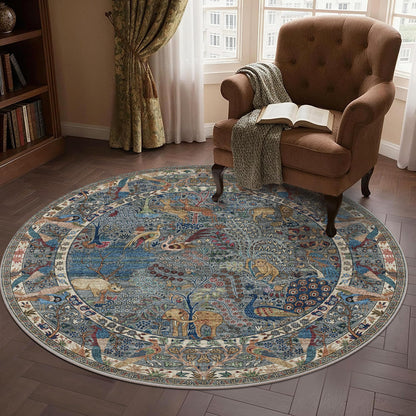 4ft Round Rug Circular Animal Print Area Rug Low Pile Indoor Rug (Dusty Blue/Multi / 4' (Round))