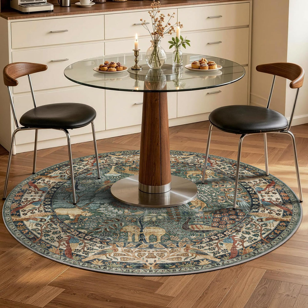 4ft Round Rug Circular Animal Print Area Rug Low Pile Indoor Rug (Green / 4' (Round))