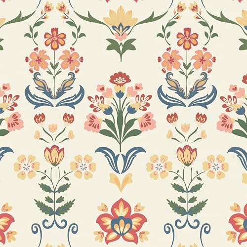 Boho Peel and Stick Wallpaper Vintage Floral Wallpaper (17.3" x 196.8" / Red/Yellow)