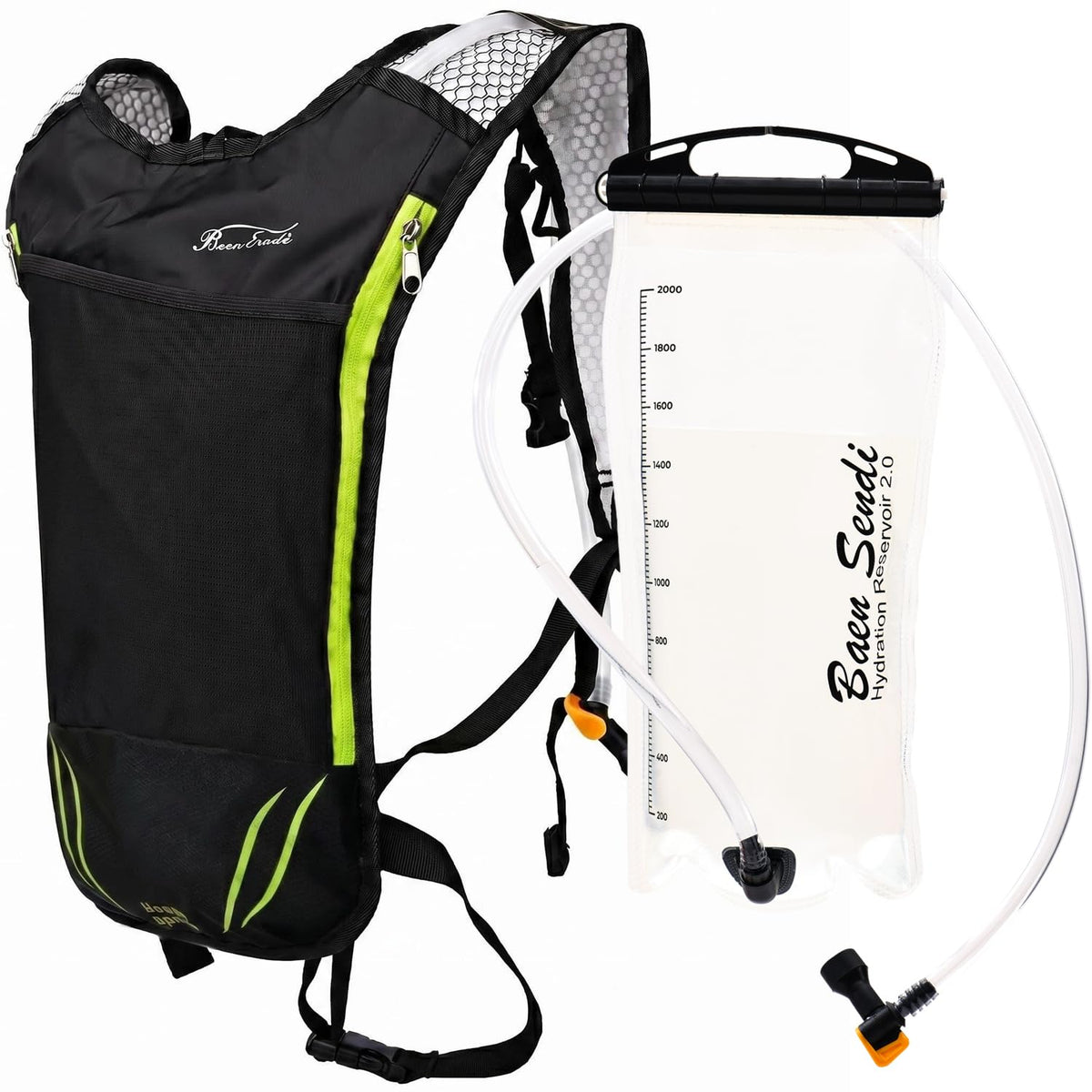 2 Pack Hydration Pack with 2L Backpack Water Bladder (Black with Green Zipper (1 Pack))