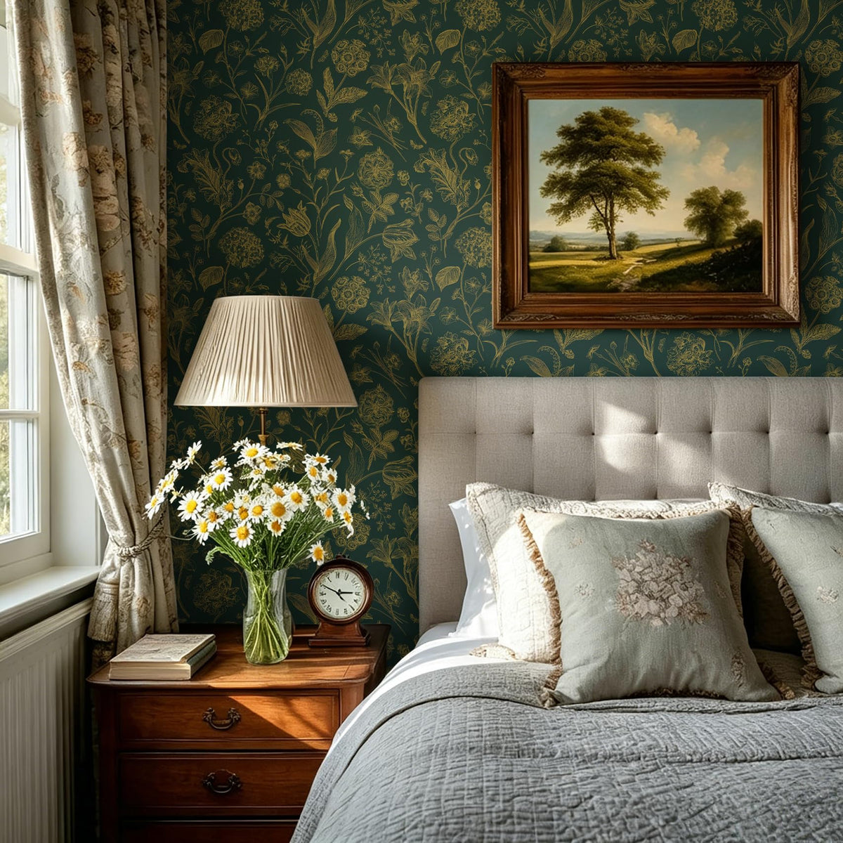 Dark Green and Gold Floral Peel and Stick Wallpaper 17in x118in (Green/Gold / 17.3" x 118.1")