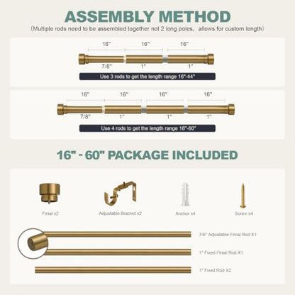 Warm Gold Curtain Rods for Windows 28 to 48 with Adjustable Brackets Heavy Duty 1" Diameter Brass Window Treatment Rod with Solid Metal Finials for Outdoor Bedroom Kitchen Living Room (Warm Gold / 16"-60"|1 Pack)