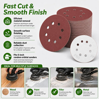100 Pcs 5 Inch 8 Hole Sanding Discs (60 Grit)