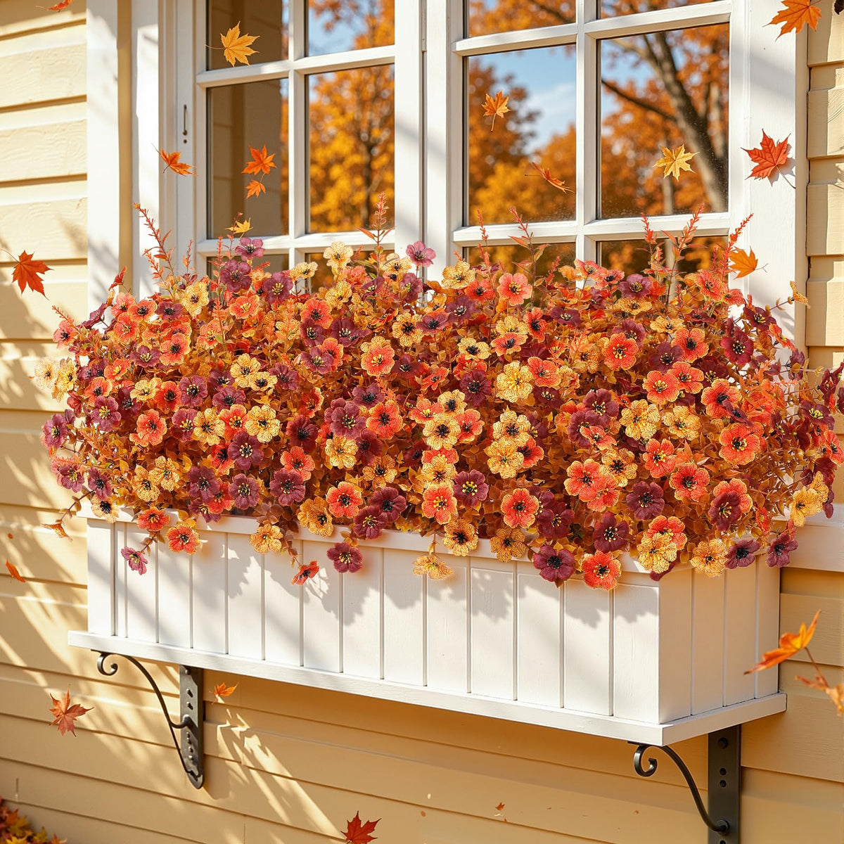 48Pcs Artificial Fall Flowers UV Resistant Fake Mums for Outdoors (Orange Yellow Brown)