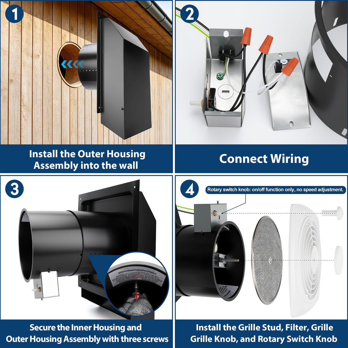 509S Through Wall Exhaust Fan 8 Inch 200 CFM with Filter and On (With Switch Dial / 509S)