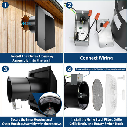 509S Through Wall Exhaust Fan 8 Inch 200 CFM with Filter and On (With Switch Dial / 509S)