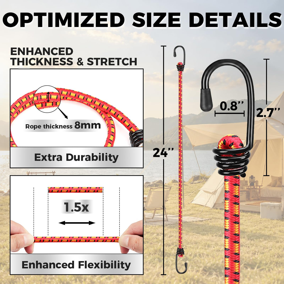 10 Piece 24" Elastic Bungee Cords with Hooks (10pcs 24" Red)