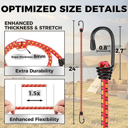 10 Piece 24" Elastic Bungee Cords with Hooks (10pcs 24" Red)