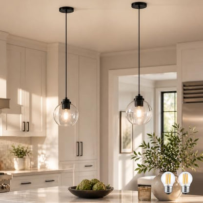 6" Globe Pendant Light 2 Pack Pendant Lights Kitchen Island Black Clear Glass Pendant Lights Height Adjustable Mid Century Modern Light Fixture for Dining Room Bedroom Foyer Bulbs Incl (Black & Clear Glass / 6 Inch)