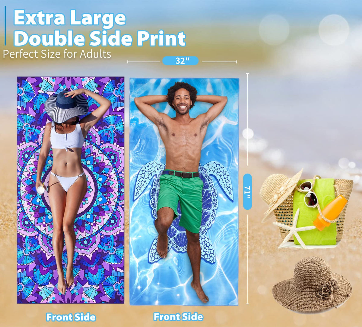 Microfiber Beach Towel Extra Large 71x32 inches 4 Pack Bulk (Mandala Turtle Strip / 71 x 32 Inches)