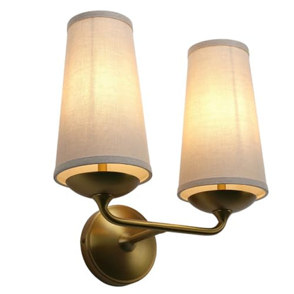 Vintage Wall Sconces Hardwired Boho Brass Finished Wall Lamps with Natural Linen Fabric Lampshade