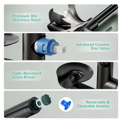 Waterfall Kitchen Faucets with Glass Rinser & Pull Down Sprayer