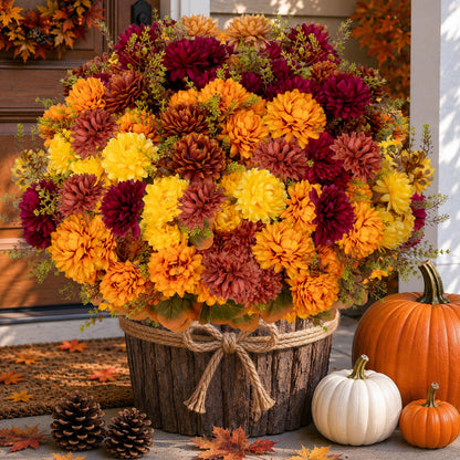 Artificial Mums for Outdoors (Multi-orange Yellow Burgundy Brown / 15.2 inches)