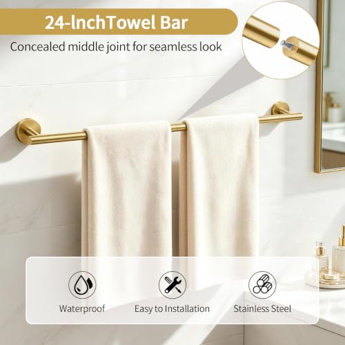 5 Piece Gold Bathroom Accessories Set 24 Inch Bathroom Towel Bar (Brushed Gold)