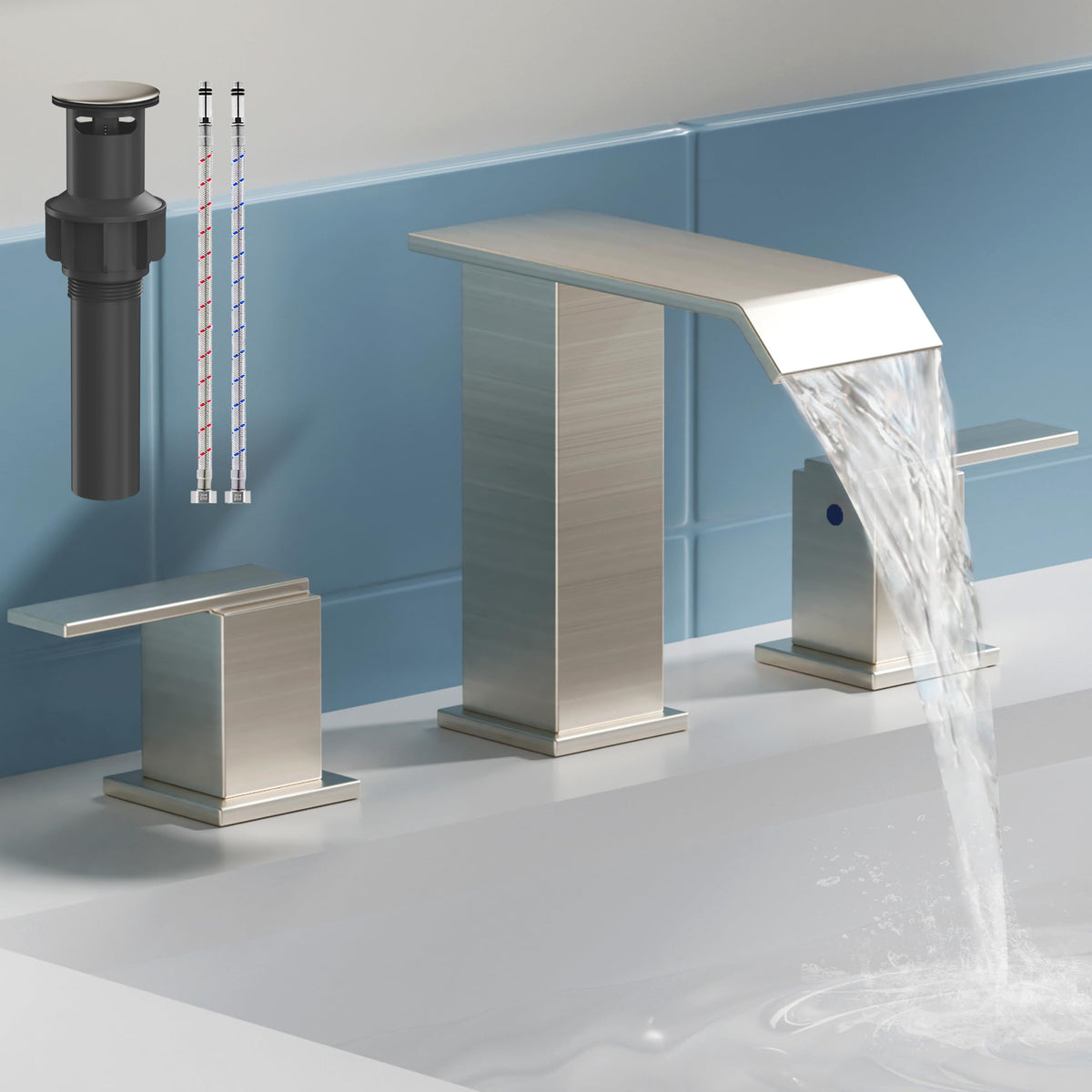SSREEZNX Bathroom Sink Faucet 3 Hole (Modern Widespread - 8" / Brushed Nickel)