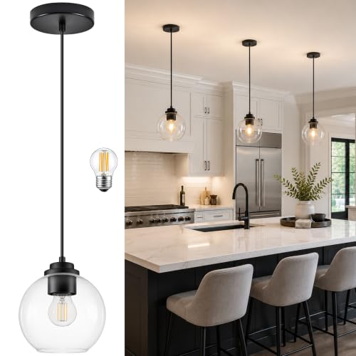 6" Black Globe Pendant Light Ribbed Glass Pendant Lights Kitchen Island Height Adjustable Mid