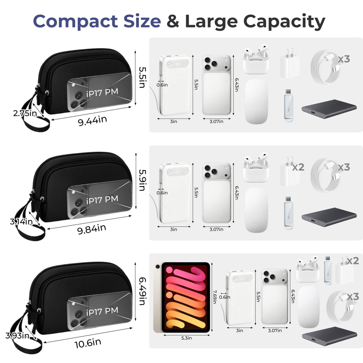 Electronics Travel Organizer 9 Compartment Dual Layer Tech Pouch Lightweight Water Resistant Travel Cable Organizer Bag for Chargers Cords Phone Power Bank Tech Essentials and Daily Items (Black / L)