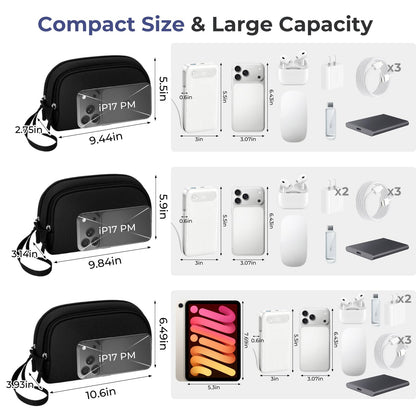 Electronics Travel Organizer 9 Compartment Dual Layer Tech Pouch Lightweight Water Resistant Travel Cable Organizer Bag for Chargers Cords Phone Power Bank Tech Essentials and Daily Items (Black / L)