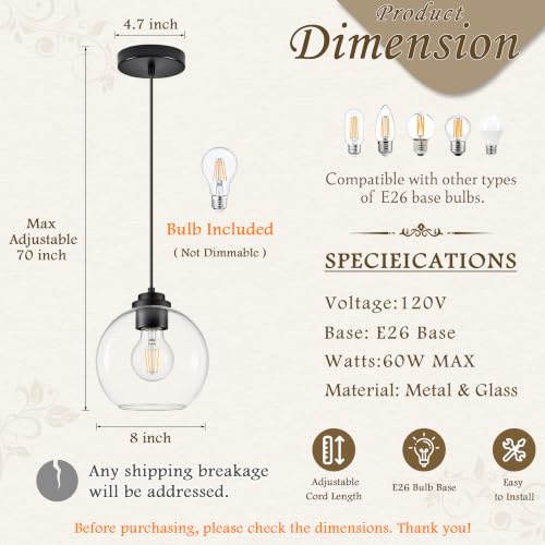 8" Globe Pendant Light Pendant Lights Kitchen Island Black Clear Glass Pendant Lights Height Adjustable Mid Century Modern Light Fixture for Dining Room Bedroom Entryway Foyer Bulb Incl (Black & Clear Glass / 8 Inch)