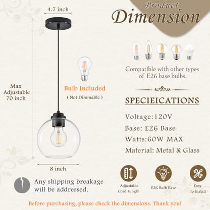 8" Globe Pendant Light Pendant Lights Kitchen Island Black Clear Glass Pendant Lights Height Adjustable Mid Century Modern Light Fixture for Dining Room Bedroom Entryway Foyer Bulb Incl (Black & Clear Glass / 8 Inch)