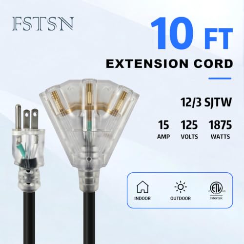 12 Gauge Outdoor Extension Cord 3 Outlet (Black / 10FT)