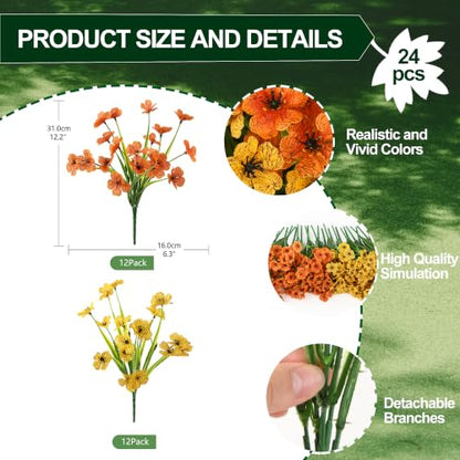 24 Pcs Artificial Mums for Outdoors Planters Fake Flowers Fall Decor (Orange Yellow / 24 PCS)