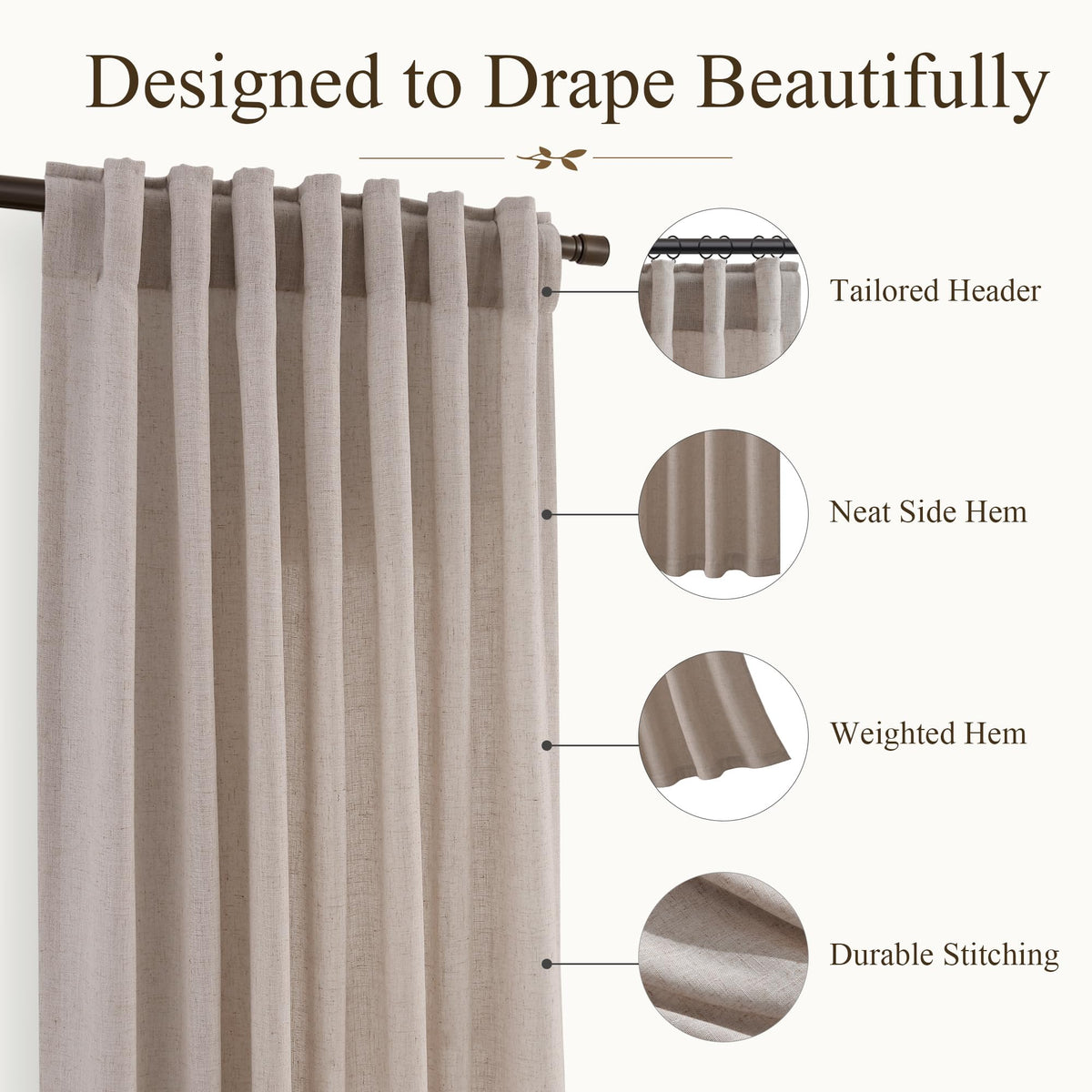 Oatmeal Linen Curtains 102 Inches Long 2 Panels for Living Room (Oatmeal / 50"W x 102"L (Pack of 2))