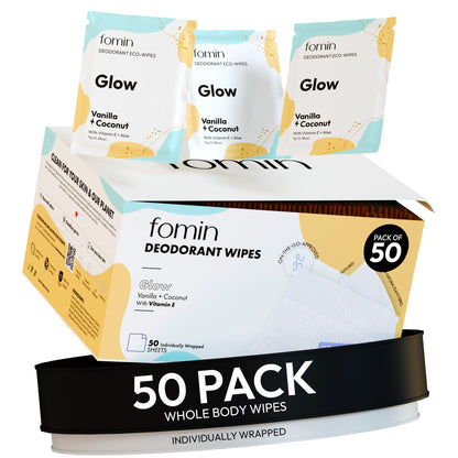 Travel Deodorant Wipes for Women & Men (Glow - Coconut Vanilla - 50 Count)