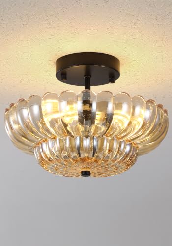 Vintage Black Close to Ceiling Light Fixture with Glass Shade