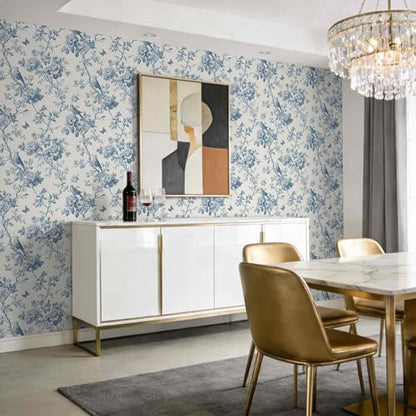 Blue Floral Bird Peel and Stick Wallpaper