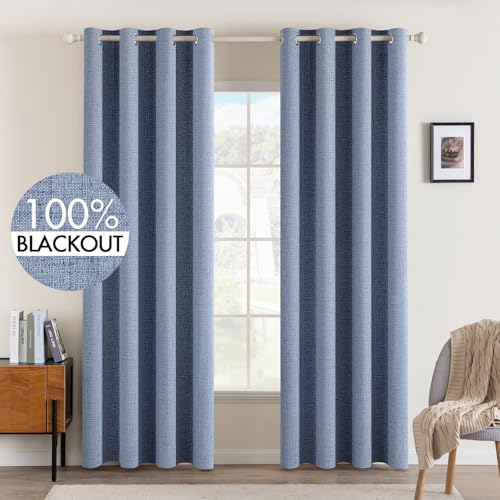 100% Blackout Linen Curtains for Bedroom 52x84 Inches Stone Blue (Stone Blue / 52"W x 84"L (Pack of 2))