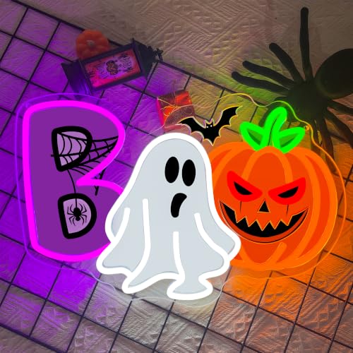 UV Printed Ghost Pumpkin Halloween Neon Sign Dimmable Cute Witch Hat Ghost LED Neon Light for Bedroom Game Room Halloween Party Home Decoration