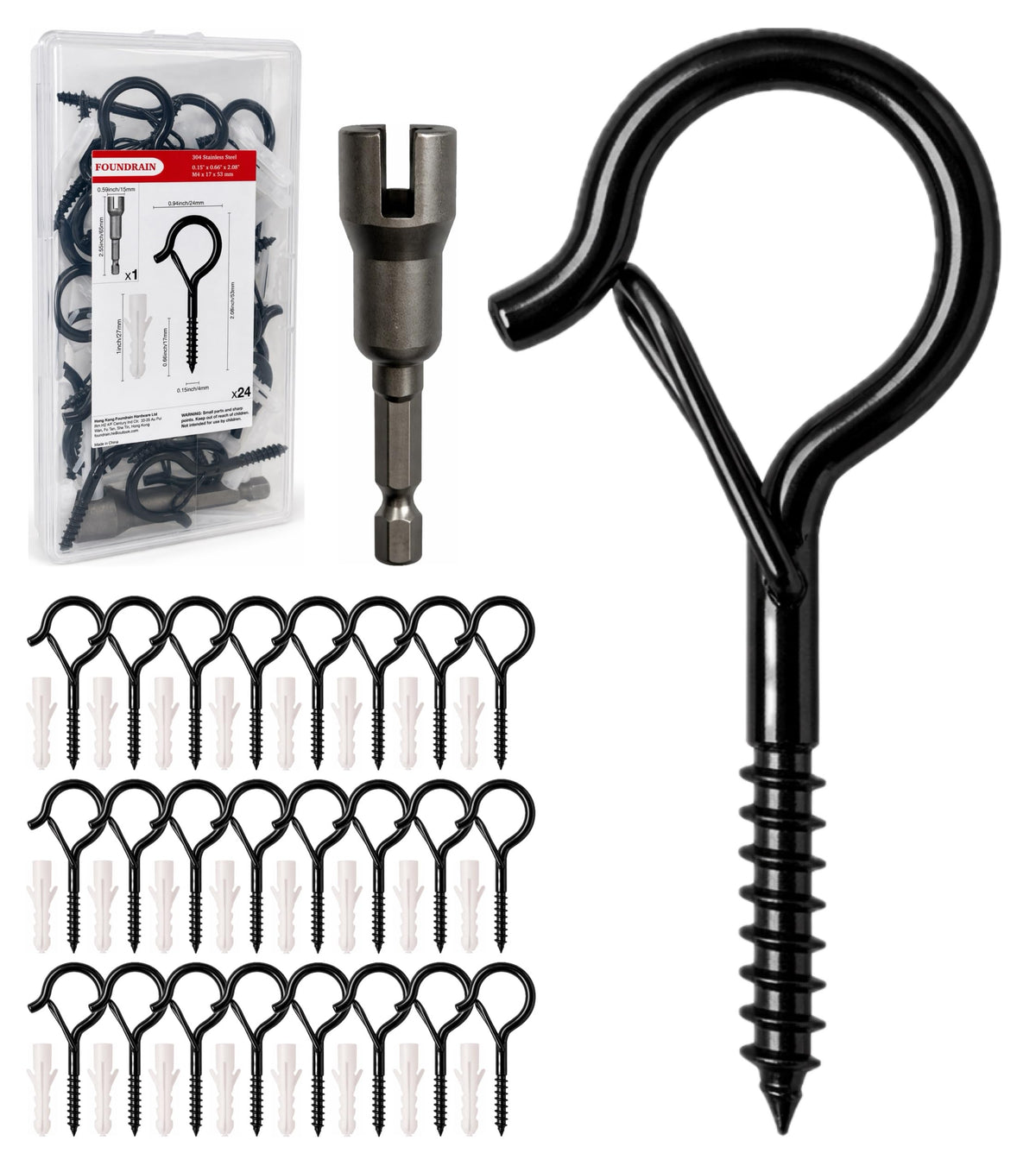 304 Stainless Steel 2 Inch Screw Eye Hooks with Driver Bit (Black / 24 PCS)