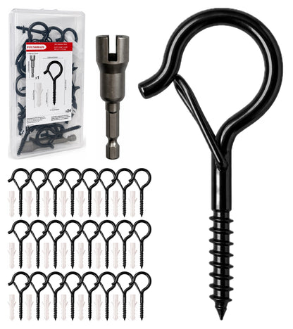 304 Stainless Steel 2 Inch Screw Eye Hooks with Driver Bit (Black / 24 PCS)