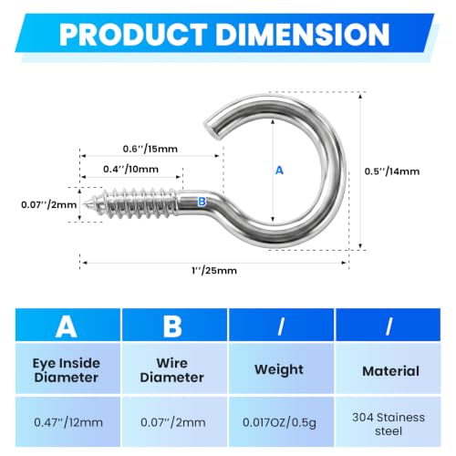 4 Pack 5 Inch Eye Bolts M1 Screw in Hooks